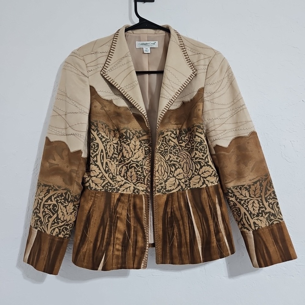 Coldwater Creek Open Faux Suede Jacket Sz P4 Brown Tan Boho Artsy Western Floral